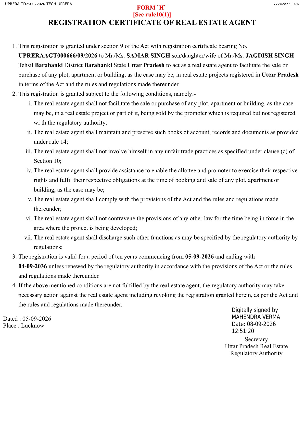 UP-RERA Registration Certificate - Form H - Samar Singh